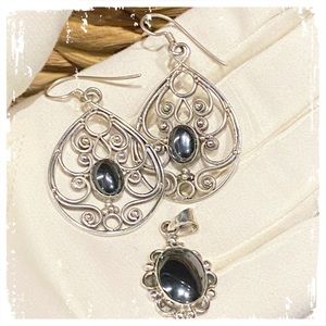 Sterling Silver Vintage Mexico Filigree Magnetite Earrings & Pendant